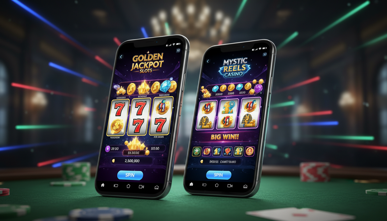 Dwa nowoczesne smartfony pokazujące interface popularnego automatu do gier online z wysokiej jakości grafiką, w tle zamazane wnętrze kasyna stacjonarnego