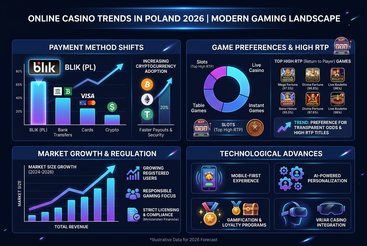 Infografika trendów kasynowych w Polsce 2026, BLIK i krypto
